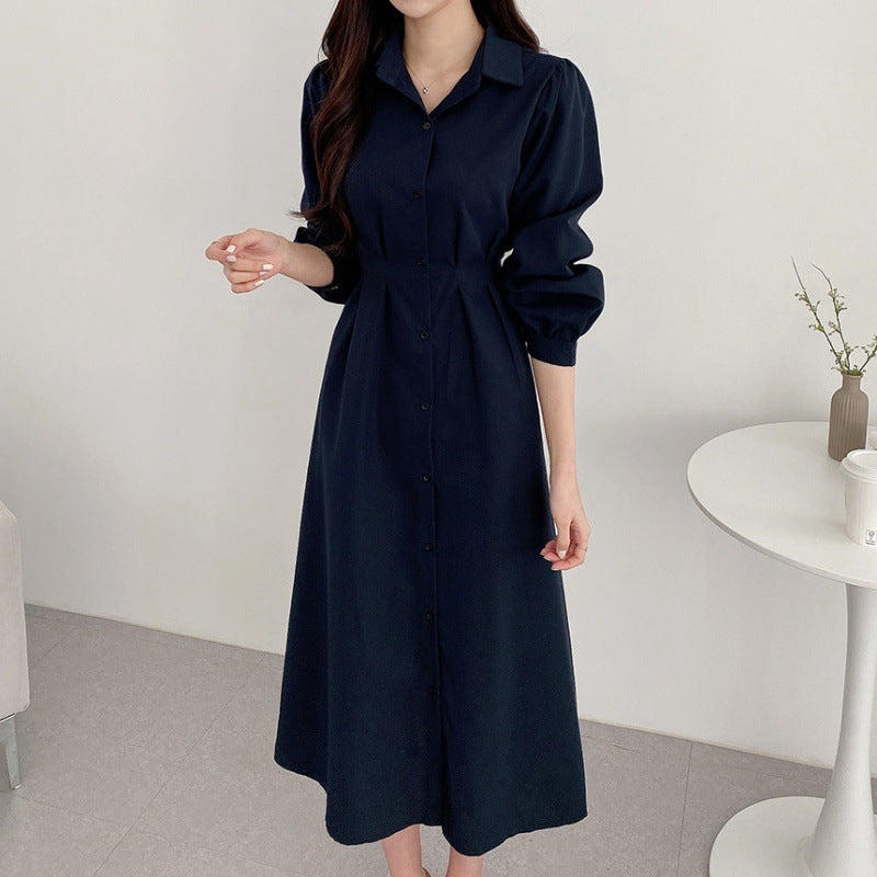 Polo Collar Temperament Waist-controlled Slimming Puff Sleeve Tied Dress