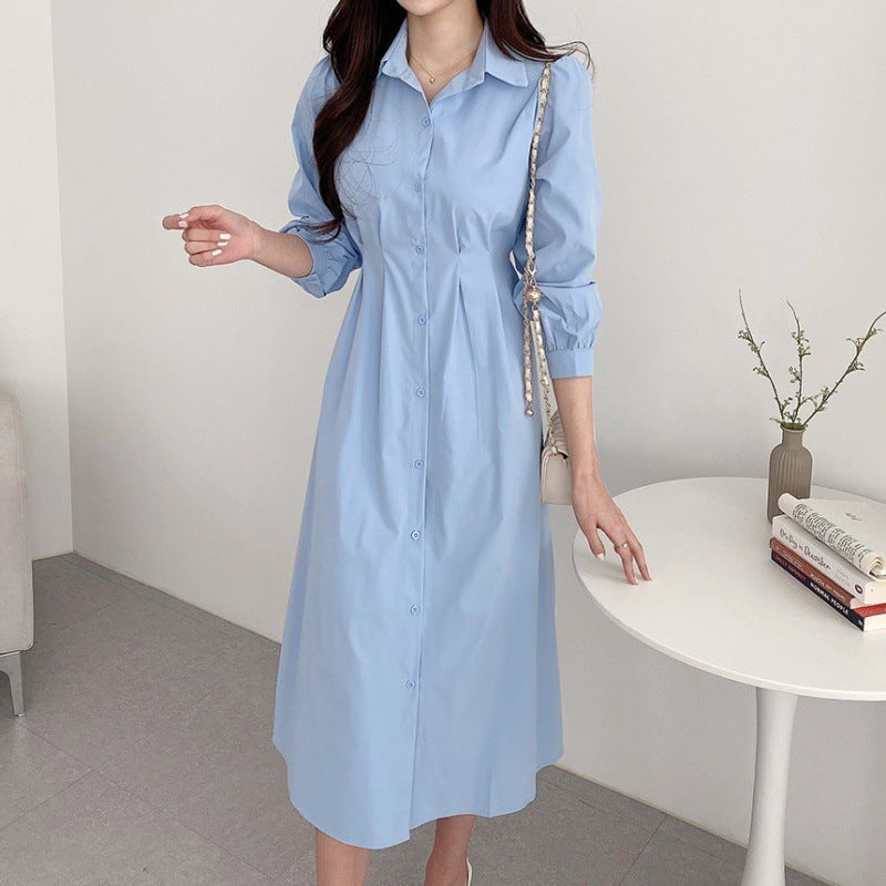 Polo Collar Temperament Waist-controlled Slimming Puff Sleeve Tied Dress