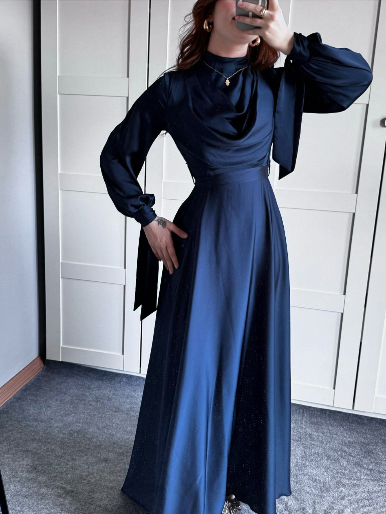 Satin Plunge Collar Long-Sleeve Strappy Maxi Dress