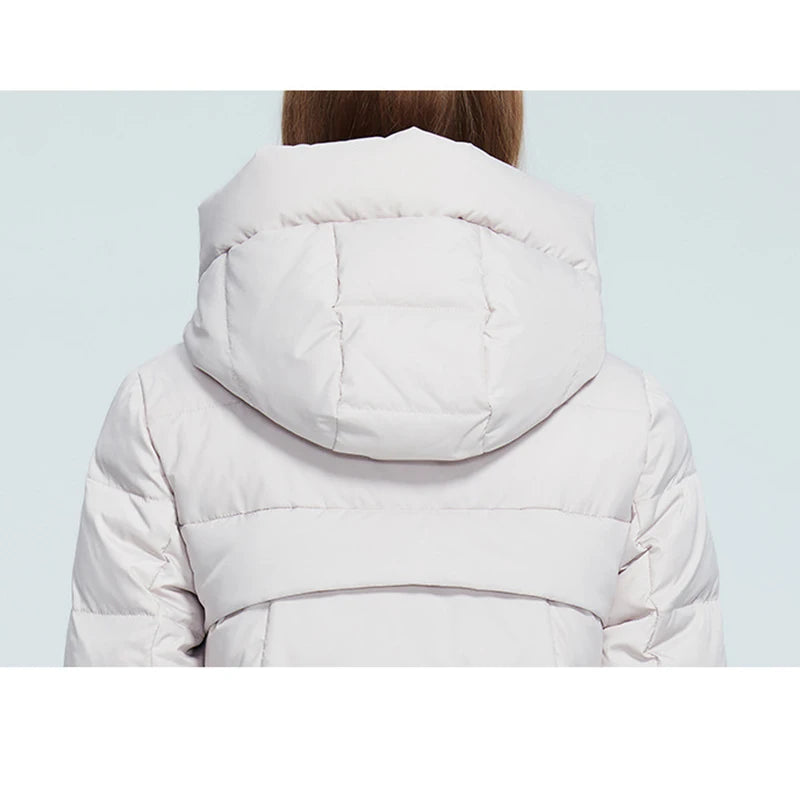 Winter Women's Long Standing Collar, Slim Fit, Solid Color Hooded Warm and Windproof Cotton Jacket