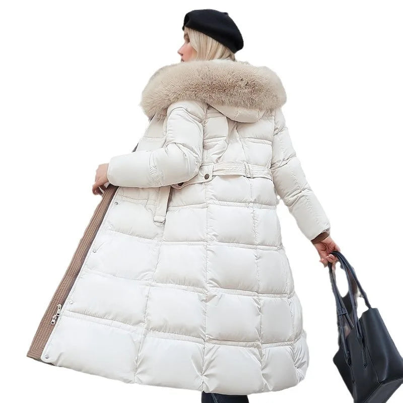 2024 Winter Women's Long Cotton Jacket Female Fur Collar Thicken Warm Parkas Coats Women Knee Over Waistband Jacket For Women