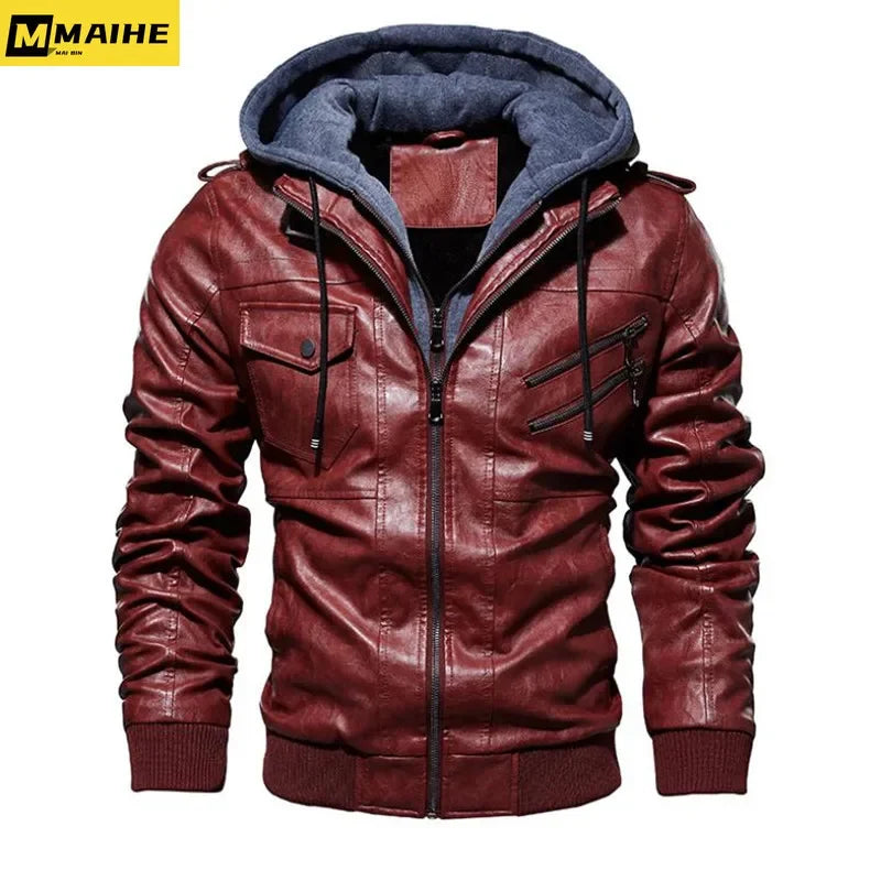 Winter High Quality Men's Leather Jacket Motorcycle Hooded Jacket Male Warm Casual PU leather Coat Fleece Men's Coats Clothing