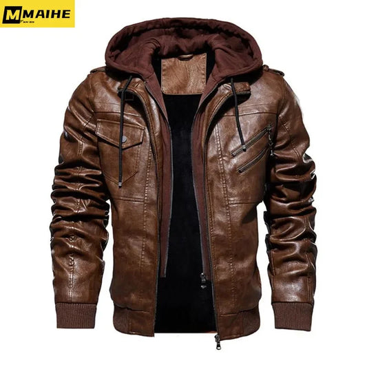 Winter High Quality Men's Leather Jacket Motorcycle Hooded Jacket Male Warm Casual PU leather Coat Fleece Men's Coats Clothing