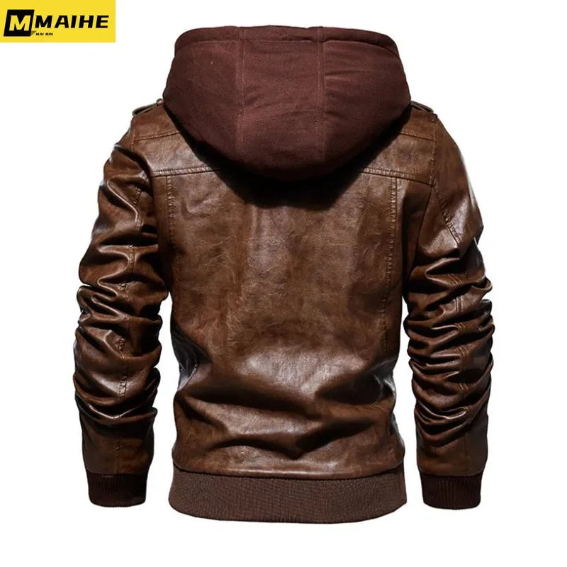 Winter High Quality Men's Leather Jacket Motorcycle Hooded Jacket Male Warm Casual PU leather Coat Fleece Men's Coats Clothing