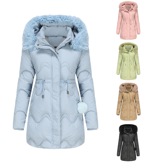 2024 New Winter Women's Padded Jacket Female Long Hooded Fur Collor Warm Jacket Women Pure Color Thicken Warm Cotton Jacket