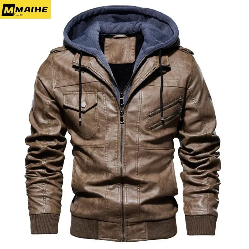 Winter High Quality Men's Leather Jacket Motorcycle Hooded Jacket Male Warm Casual PU leather Coat Fleece Men's Coats Clothing