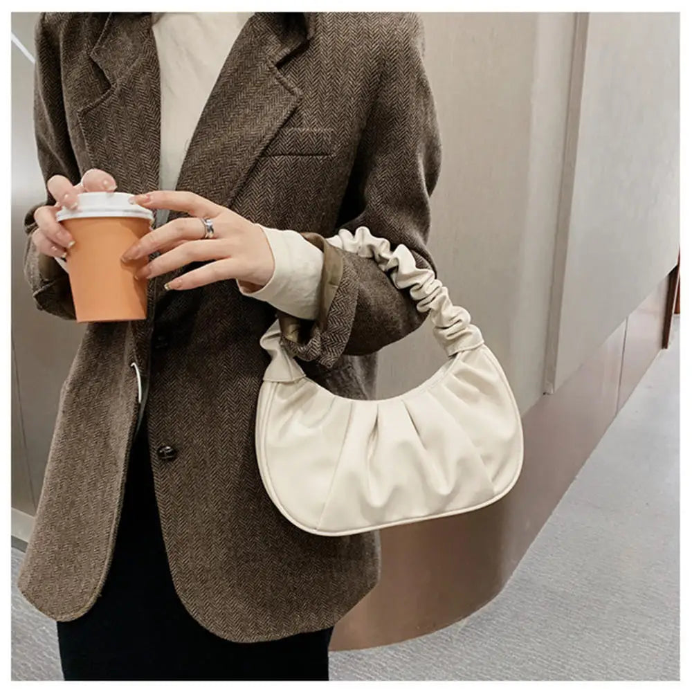 Fashion Pleated Cloud Handlebags for Women PU Leather Solid Color Shoulder Bags French Dumpling Bag Leisure Armpit Bag Handbag