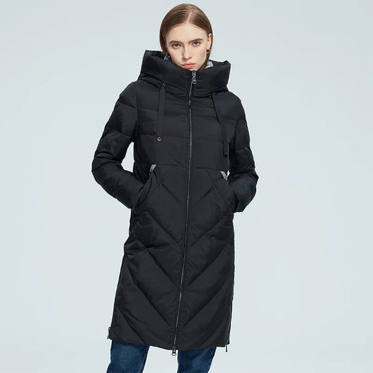 Winter Women's Long Standing Collar, Slim Fit, Solid Color Hooded Warm and Windproof Cotton Jacket