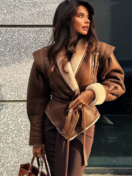 Elegant Pu Leather Patchwork Jacket With Belt Women Fashion Long Sleeves Drawstring Tie Coat 2024 Female Thick Street Outwear