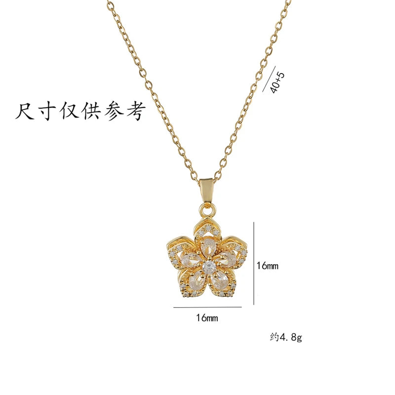 Exquisite Rotating Flower Pendant Necklace for Women Gold Color Shiny Zircon Stainless Steel Clavicle Chain Choker Charm Jewelry