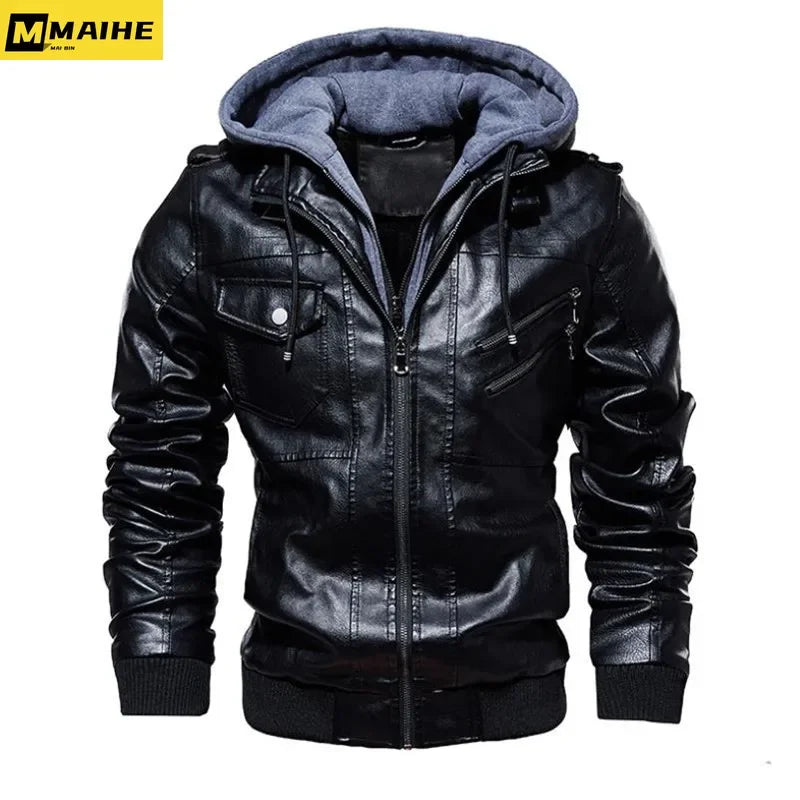 Winter High Quality Men's Leather Jacket Motorcycle Hooded Jacket Male Warm Casual PU leather Coat Fleece Men's Coats Clothing