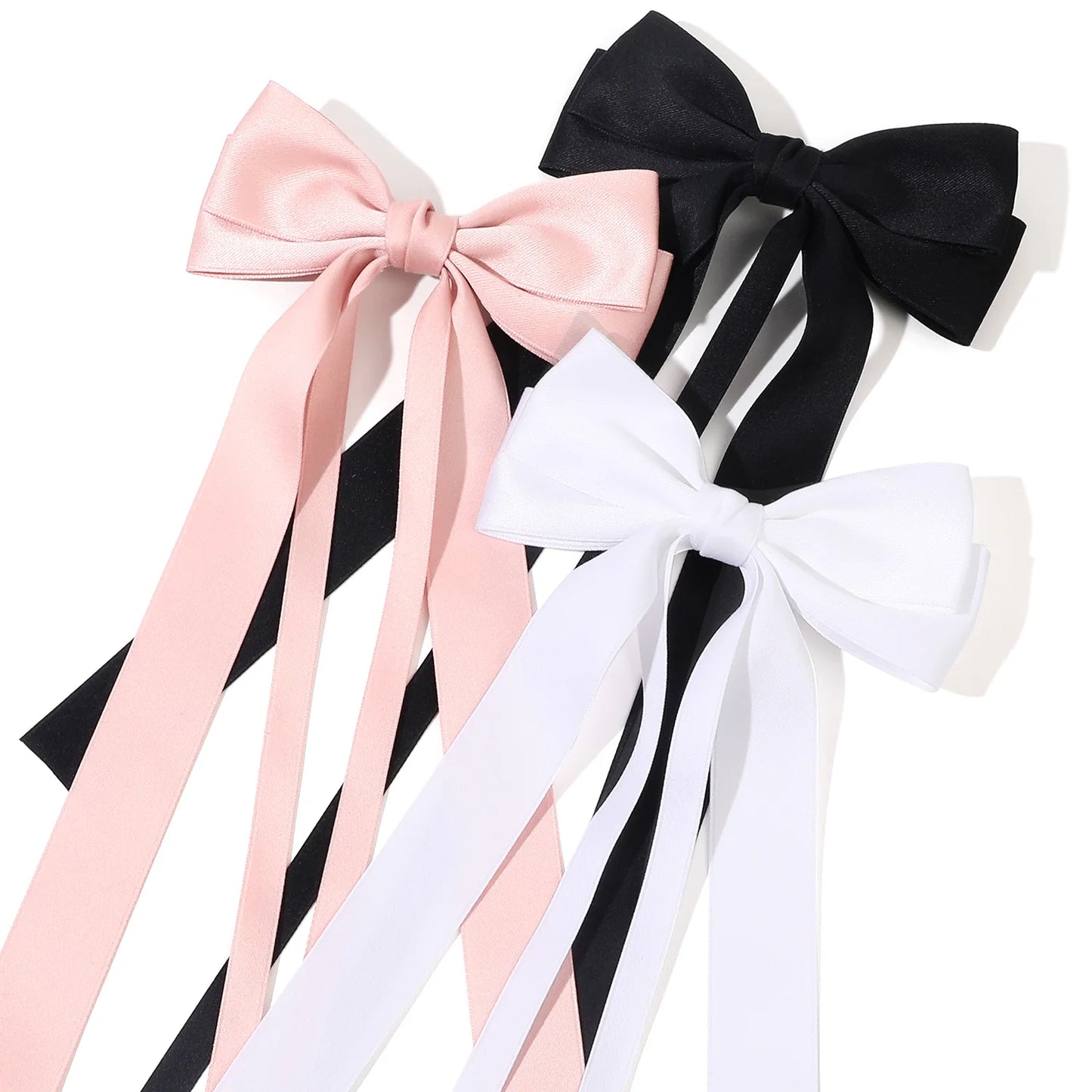 Korean Solid Color Ribbon Double Bowknot Hair Clips for Women Girls Trendy Big Bow Long Tassel Silver Barrettes Pin Accessories