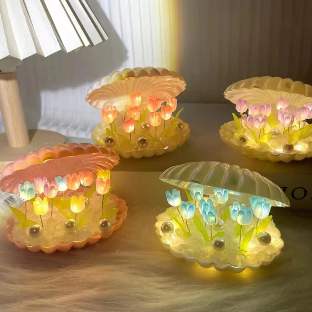 Handmade DIY Ceramic Shell Tulip Small Night Lamp Creative Valentine Christmas Birthday Kids Gift Bedside Table Ambience Light