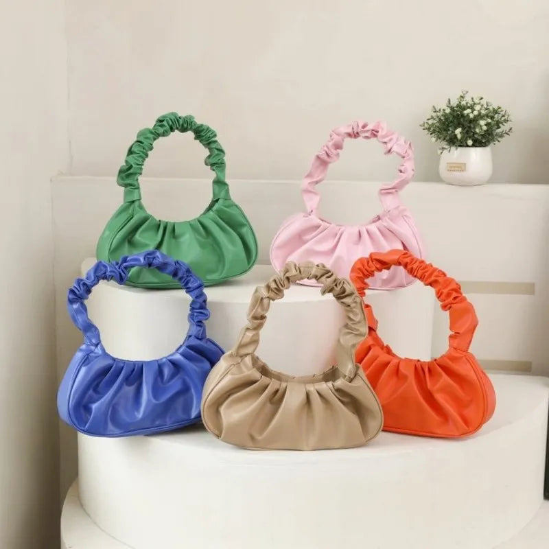 Fashion Pleated Cloud Handlebags for Women PU Leather Solid Color Shoulder Bags French Dumpling Bag Leisure Armpit Bag Handbag