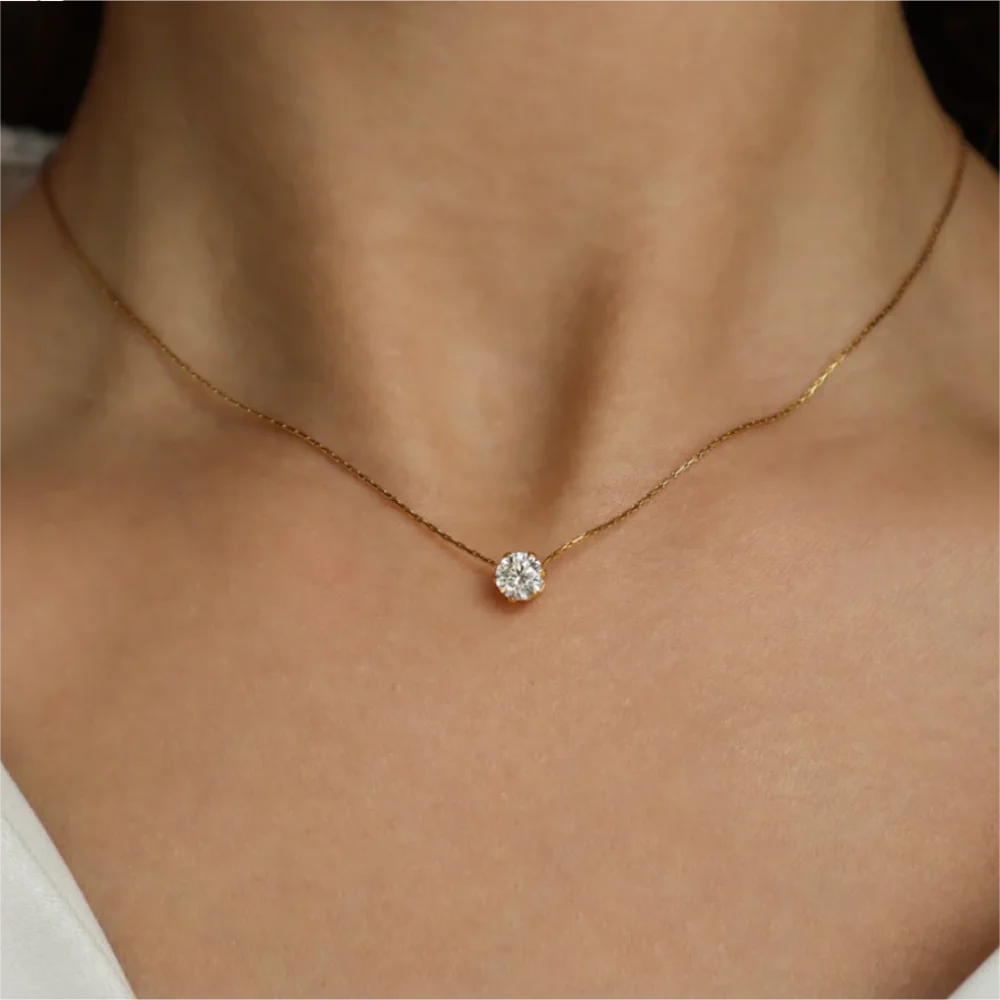 Gold Plated Stainless Steel Dainty Minimalist Zircon Charm Anti Tarnish Chain Round Clear Cz Stone Necklace for Women Jewelry