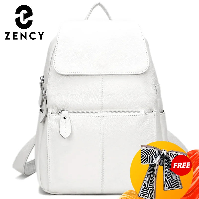 Zency Stylish White Leather Women Backpack A++ Quality Anti-theft Large Capacity Knapsack Travel Designer Handbag Rucksack