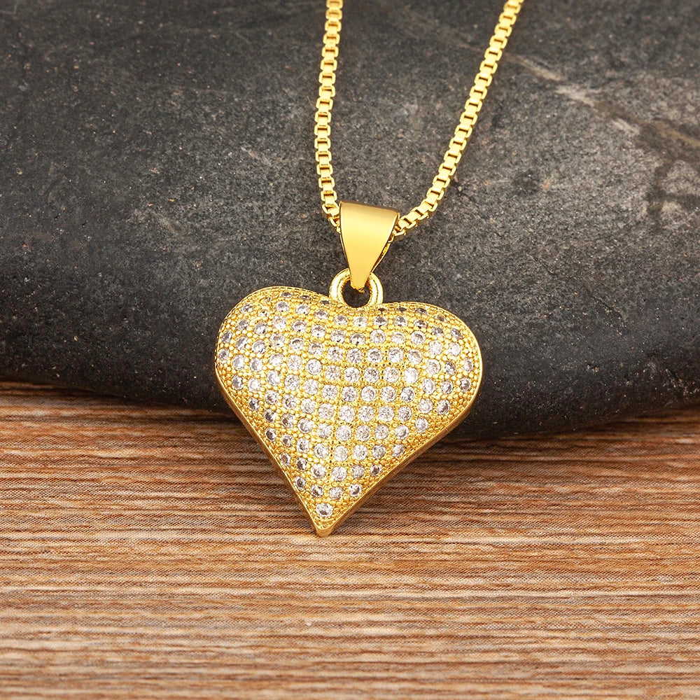 Nidin Classic Romantic Lucky Chain Necklaces for Women Gold Plated Cubic Zirconia Love Heart Pendant Neck Jewelry Wedding Gifts