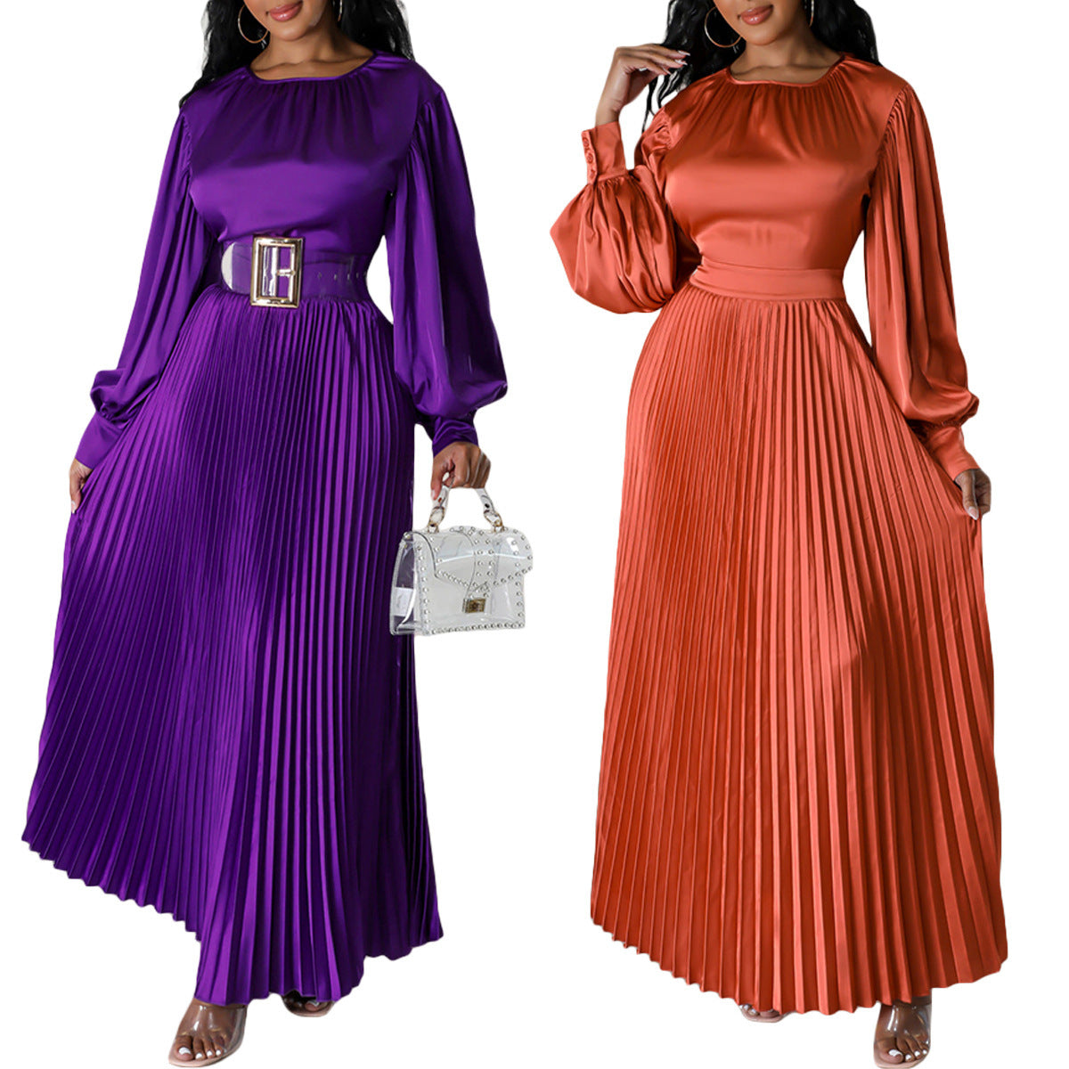 European And American Waist Loose Long Sleeve Pleated Dress