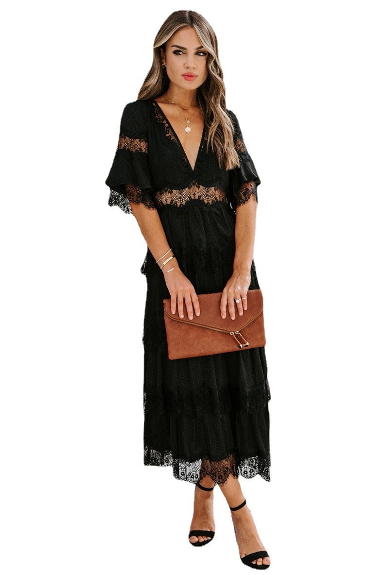 Women's Deep V Pullover Lace Long Dress